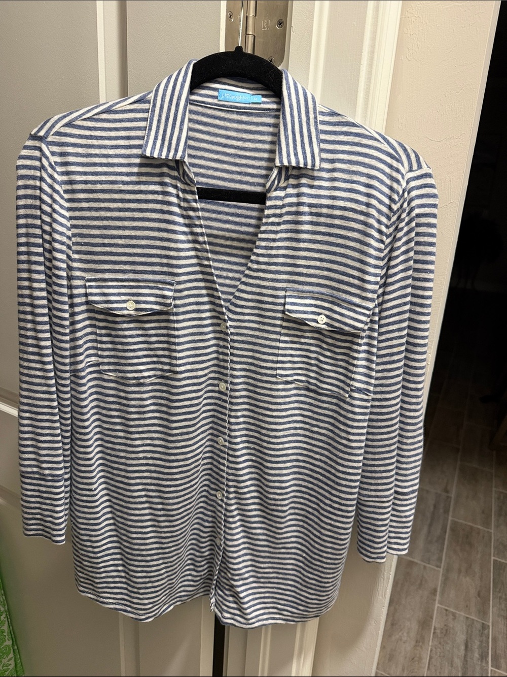 J.McLaughlin Linen Blend Brynn Striped Button-Up Knit Top - Blue & White